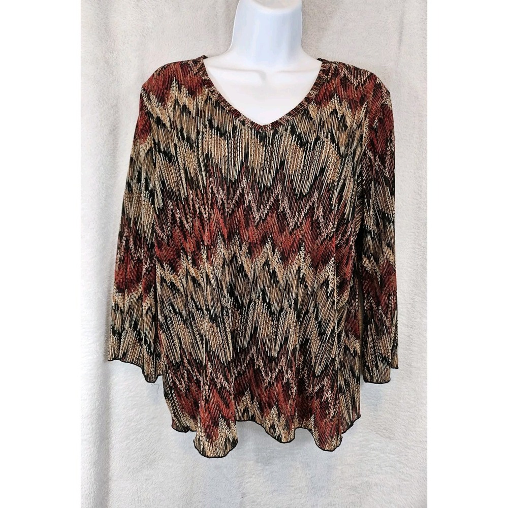 Susan Lawrence Women Top XL Black Burgundy V-Neck 3/4 Sleeves Boho Whimsigoth